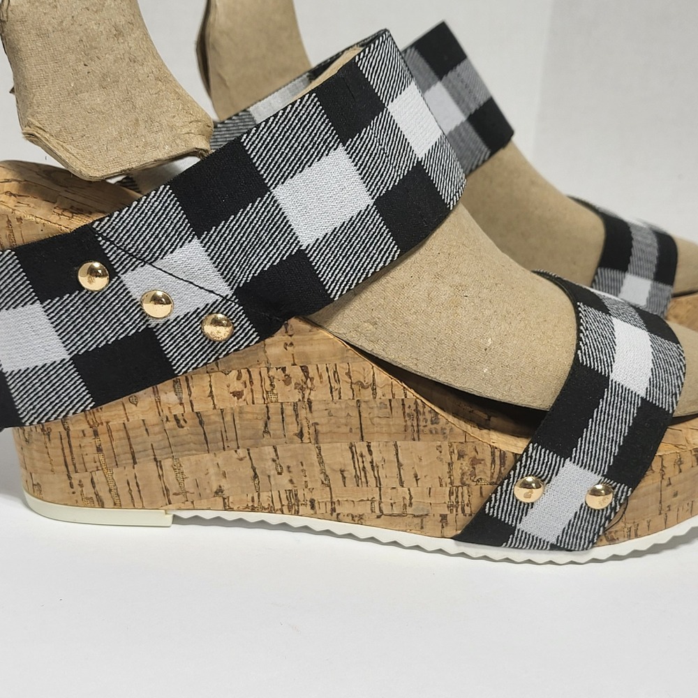 Comfort Est 1946 Womens Buffalo Plaid Cork Wedge Platform Sandals Black White 9 - Picture 2 of 10